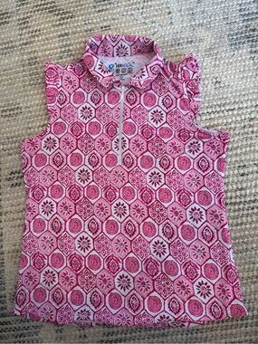 IBKUL Pink & White Short Sleeve Zip Polo Top